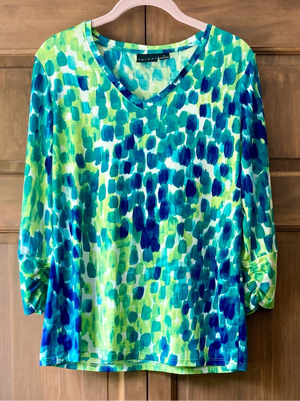 Tribal Blue & Green Print 3/4 Sleeve Top Medium